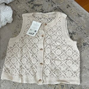 Sezane Beige Crochet Cardigan Vest